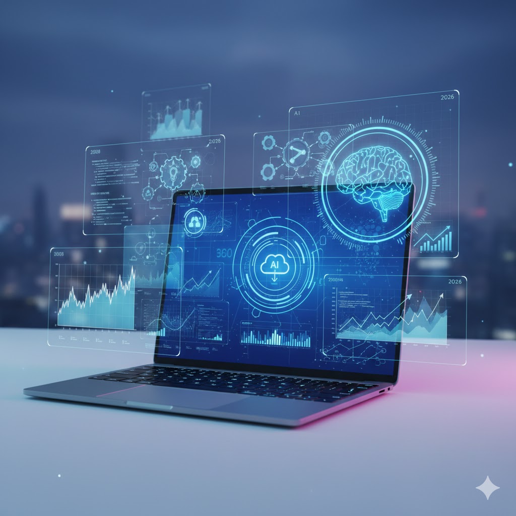 futuristic Google AI tools interface with AI assistant icons, charts, and smart automation features, representing AI innovations in 2026