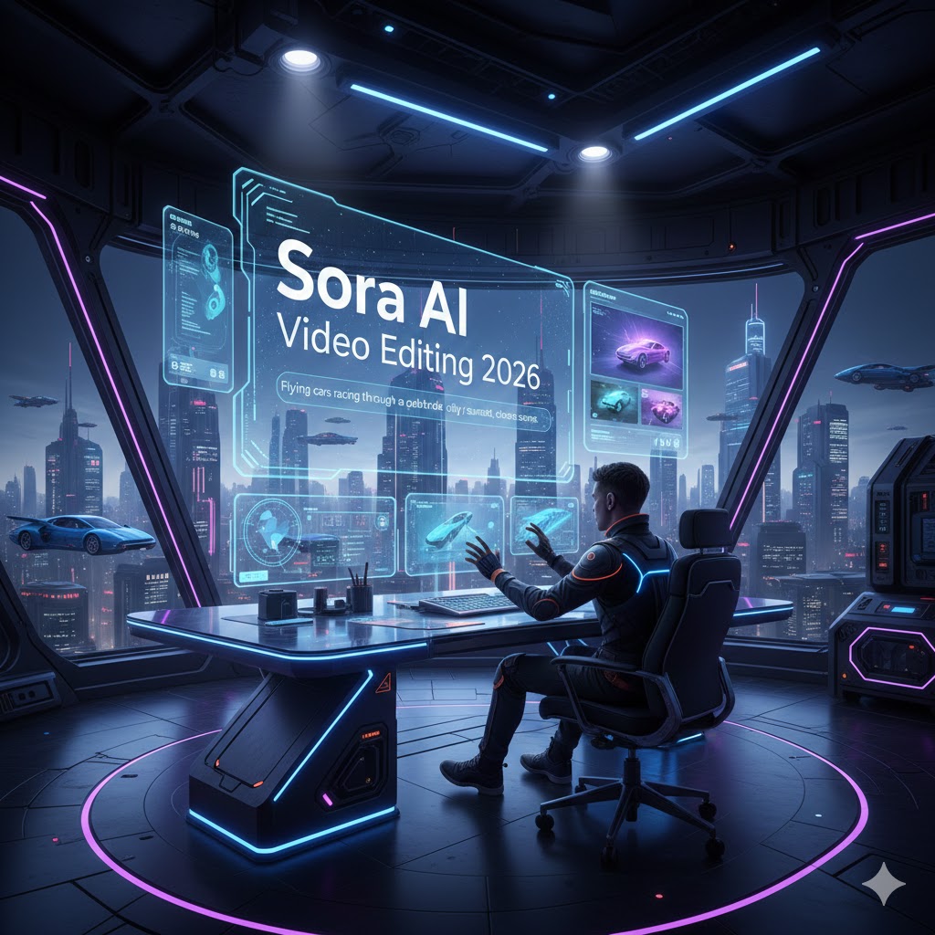 Sora AI Video Editing 2026 futuristic AI-powered video creation workspace