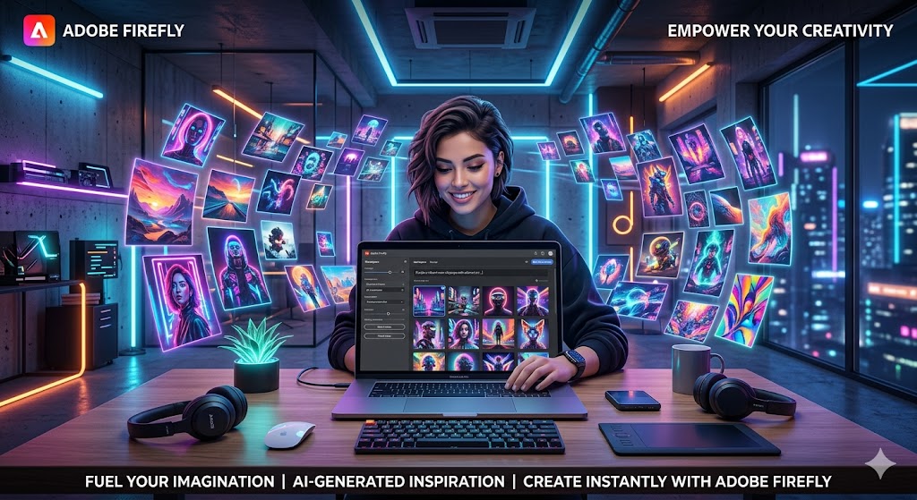 Adobe Firefly AI design tool interface generating images