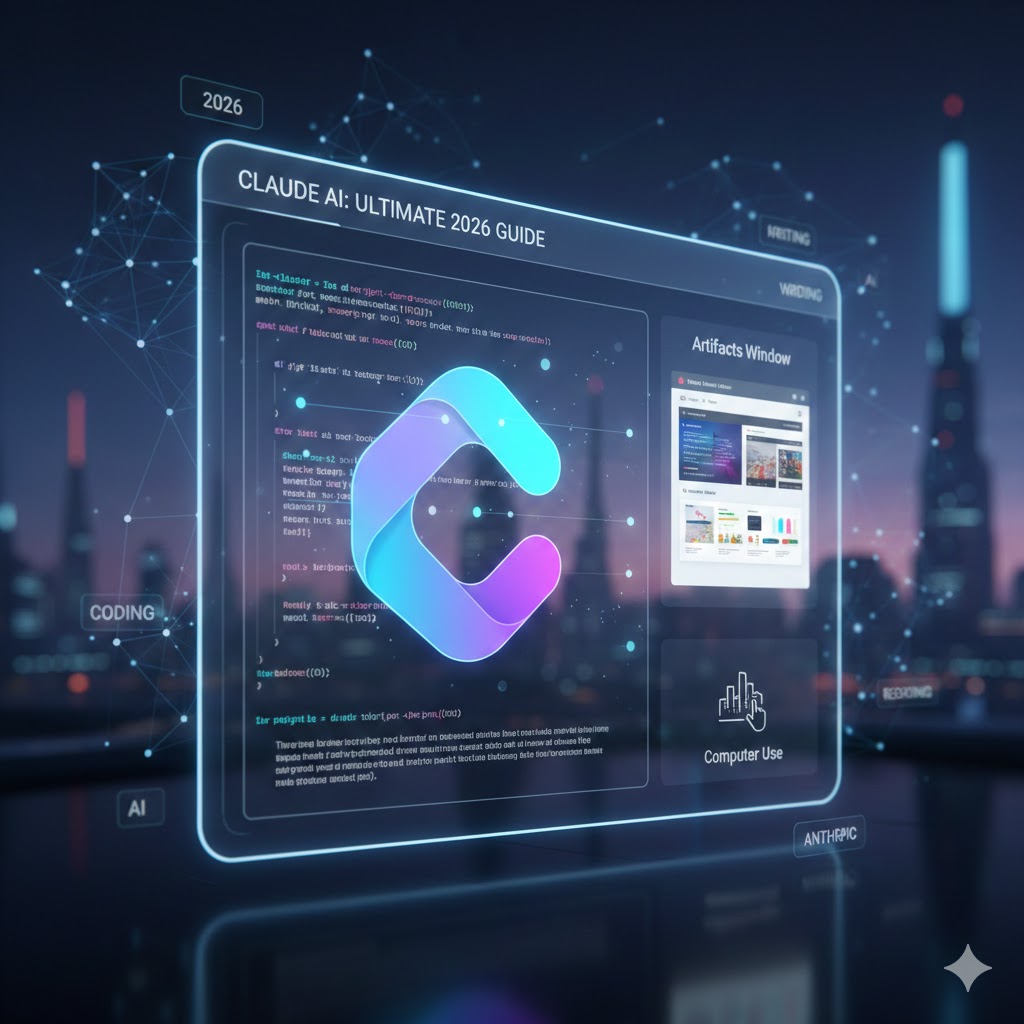 A futuristic digital dashboard showcasing Claude AI’s 2026 features including an Artifacts window, coding workspace, and Computer Use interface against a blurred city skyline.