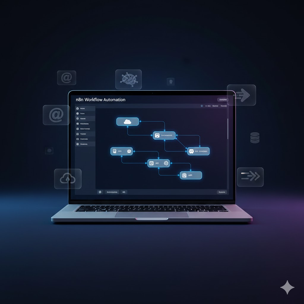 A high-resolution laptop display showing n8n workflow automation nodes connected by glowing lines, featuring floating AI, cloud, and API icons on a dark blue and purple tech-style background.