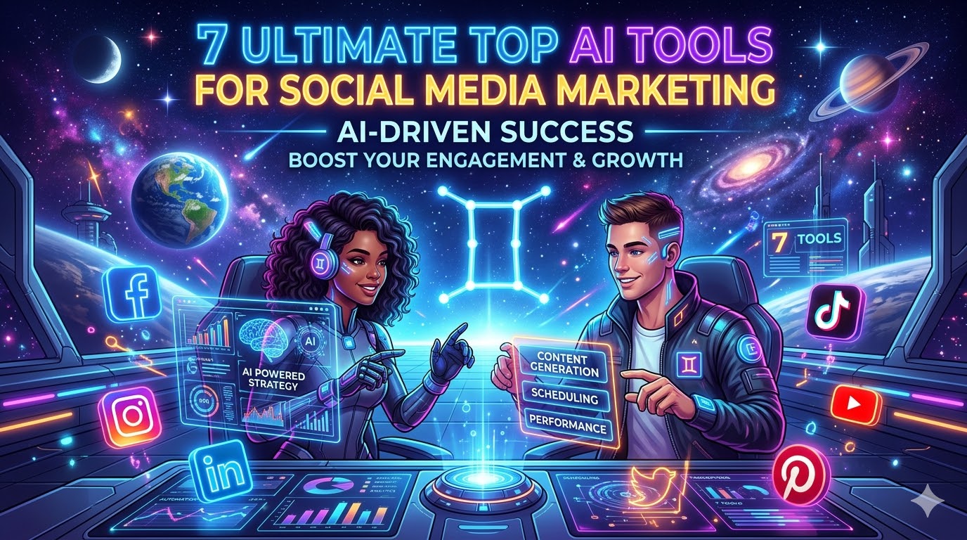 "Gemini zodiac twins with AI holograms and social media icons representing top AI tools for social media marketing"