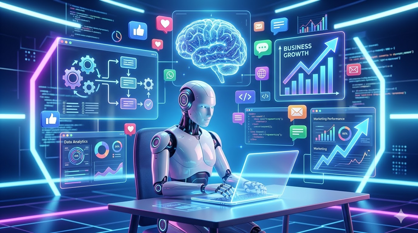 What is AI Agent concept showing automation, AI robot, and business growth benefits in 2026