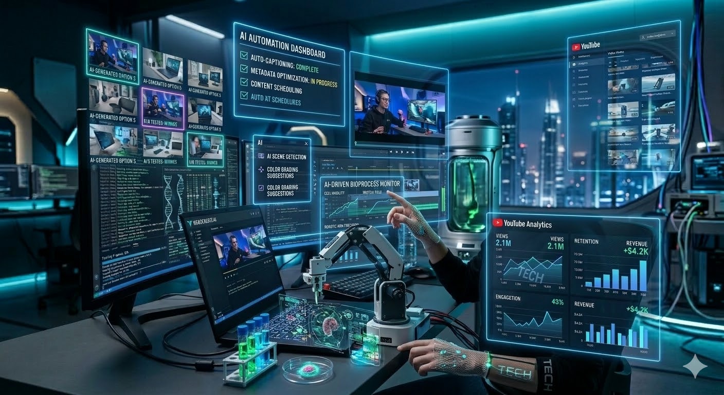 AI tools for YouTube creators using artificial intelligence for video editing, thumbnails, and content automation