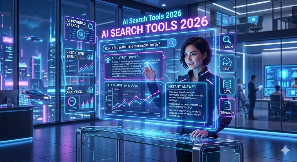 AI Search Tools 2026 showing futuristic AI-powered search engine interface with instant answers